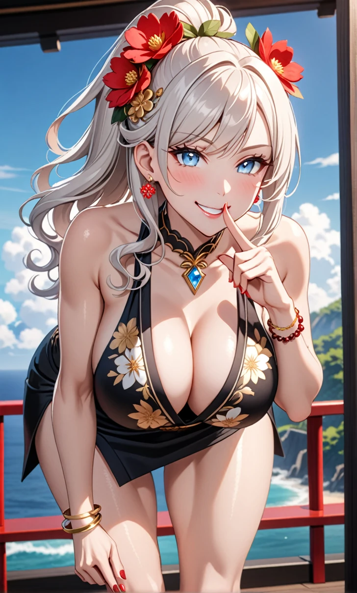 ultra-detailed, ((one girl)), (pale skin:1.5), in pastel colors girl, hyper detailed, absurdres, 8K, fair skin, Beautiful Face, (Laugh shyly), ((teasing smile:1.8)), ((Wink:1.7)), (Laugh with your mouth wide open),((Tilt your head:1.6)), View your viewers, ((Bright red cheeks:1.6)),Glossy Red Lips, ((Big Breasts:1.5)), ((show off breast:1.4)), ((erect nipples)), night,firework, Observation deck with ocean view, (Brighten your face), ((Anime style background)),masterpiece, Highest quality, so beautiful,Latest, Complex details, (Pink long nails), (nail art), (ring),(bracelet), (Floral Choker),AI-generated, Complex,High resolution, Highest quality, super high quality,3D Images、3D Images,One person,long white hair,(High Ponytail), (wavy hair:1.3), Monotone anime woman posing for a photo, ((Fine grain、blue eyes、glowing eyes:1.4)), (Squint your eyes:1.1),a hyperRealistic , hyperRealistic , Realistic,Anime woman with long white, Smooth anime CG art, A girl in a gorgeous black kimono, Gold embroidery, ((black furisode)),(Large floral pattern) , ((undressing)), Long flower hair ornament,Floral Earrings,Mature Body, tall,Abdominal muscles,Narrow waist, ((leaning forward:1.7)), ((put index finger on mouth:1.5)), (front view),