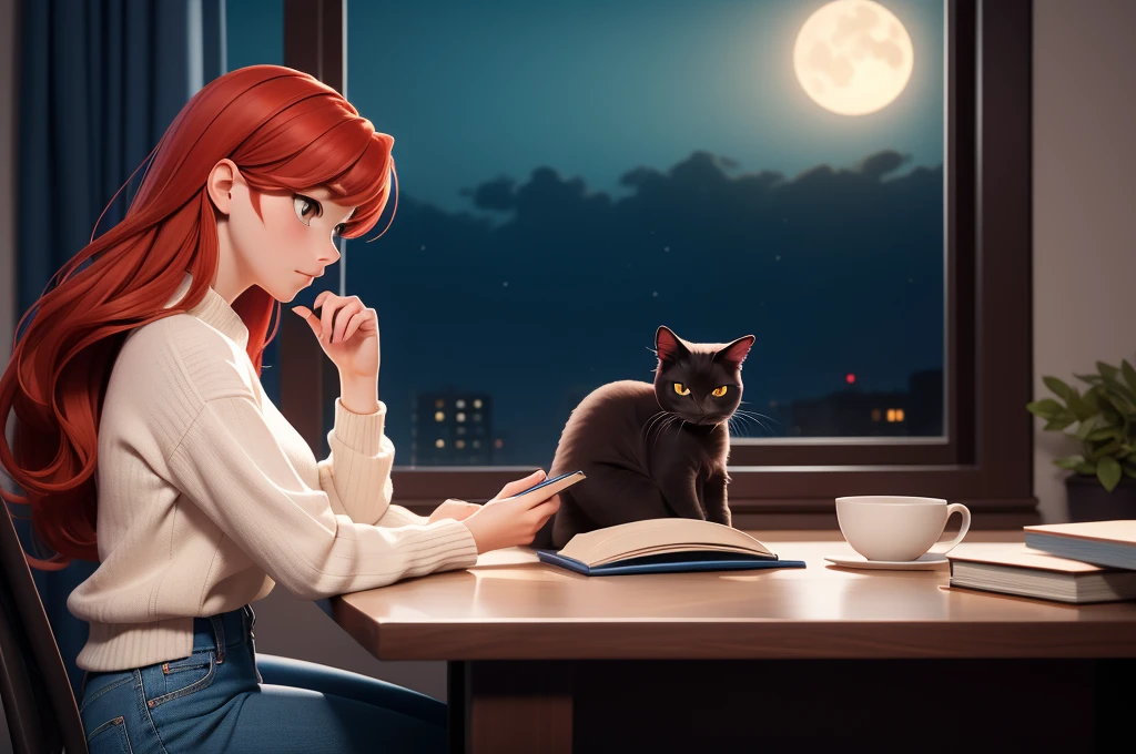 (Masterpiece)A beautiful girl, red hair, long hair, white sweater, blue jeans, sitting at a desk, reading book, black furry cat sitting on the desk, window beside girl, night, side angle shot, warm lighting, 4k, 8k, ultra hd, anime style