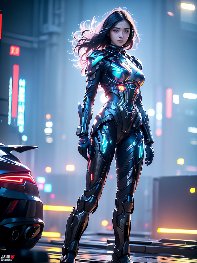 best quality, realistic photo, raw photo thin waist, full body, pussy, underboob, small breasts, small ass, skinny thighs, platinum hair, short hair, detailed face, detailed eyes. In the neon-lit night city, standing on the rooftop of a high-rise building, around 18 years old, Rendered in a realistic cyberpunk style, she was wearing a power suit rich with mechanical details. The power suit was designed with advanced technology, featuring intricate mechanical parts on her arms and legs, and a glowing emblem on her chest. Her pose was active and ready for combat, one hand thrust forward, and the other hand clenched into a fist. Her expression was filled with determination, and her eyes, staring straight ahead, radiated a strong sense of resolve. In the distant sky, drones were flying, and the entire city was bathed in a futuristic glow. The perspective was slightly elevated, looking down on her, emphasizing her strength and determination.