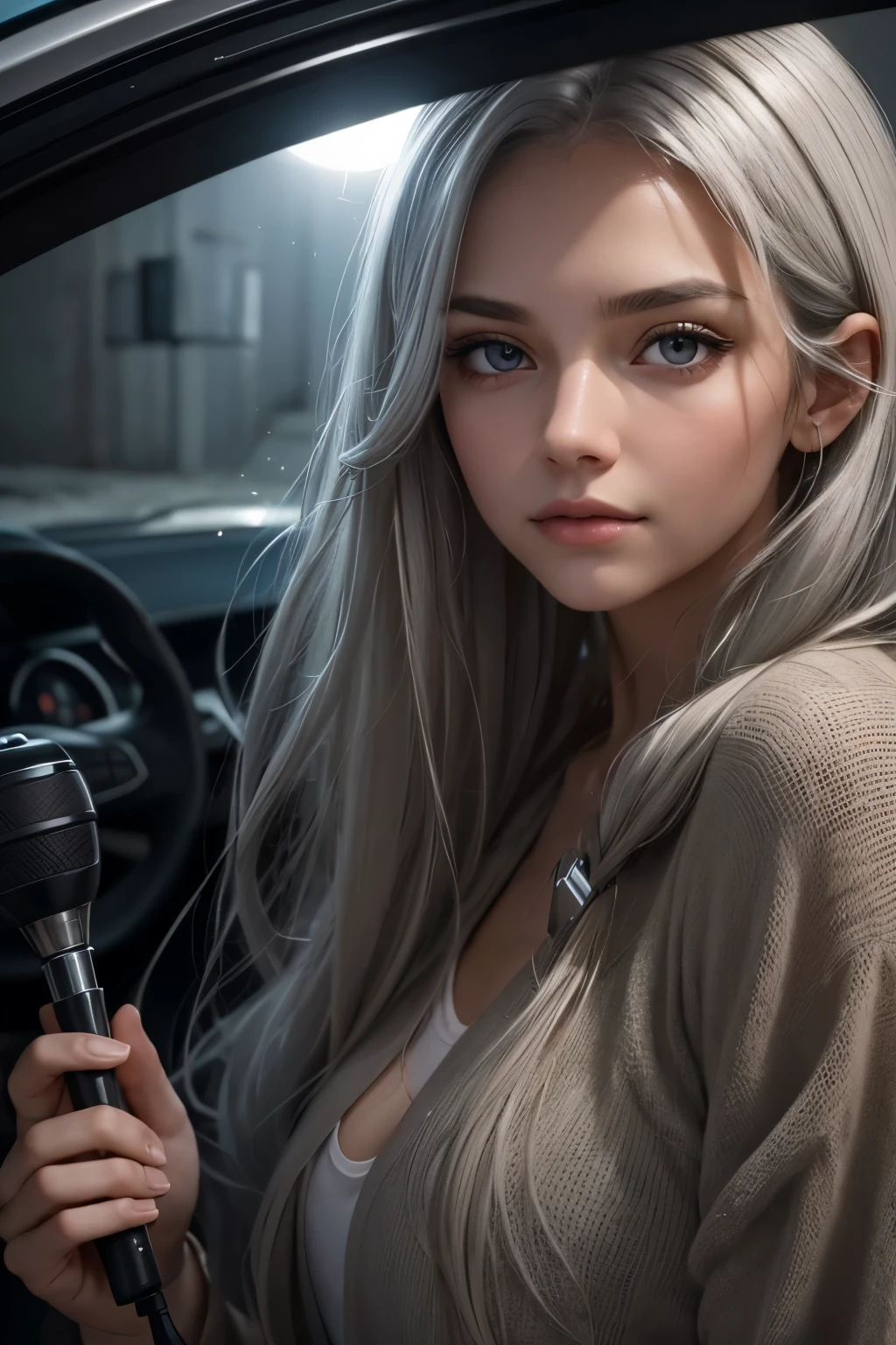 3658626263 DPM++ 2M Karras, HD quality, a beautiful young woman with gray hair and honey-colored eyes, timidly emerged from her house with flashlight in hand, her face showing both curiosity and apprehension
