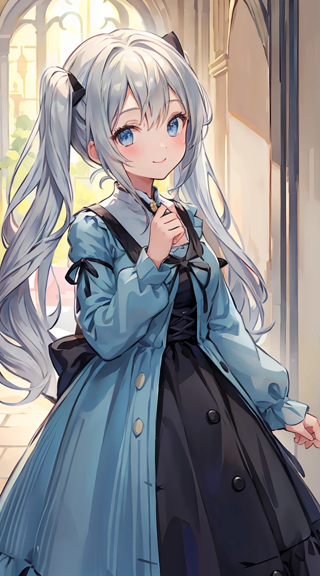 Medieval European style,1 person,Gray Hair,Twin tails below the ears,Light blue eyes,Smiling,A light blue dress with peach accents,Like a doll,so beautiful