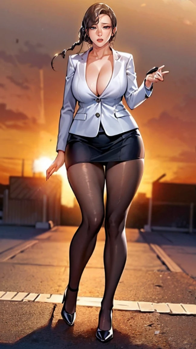 (masutepiece,High quality,16k:1.1),(depth of fields:1.3) ,((front body:1.35)),German ,Woman, ((business suit, mini skirt)), tights,huge breasts, voluptuous, thicc, curvy,(Looking at Viewer:1.3),(full body shot:1.2),(Beautiful Morning view of town:1.2), tall. sexy, mini skirt, pantyhouse, long sexy legs, cleavage