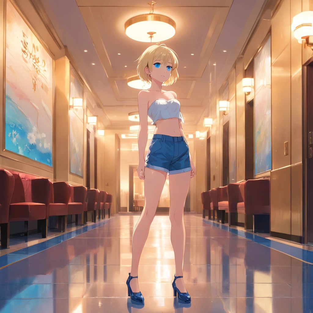 Women, ((Blonde)), ((Blue eyes)), ((Short hair)), ((Full shot)), very detailed makeup, pale pink lipstick, long earrings, standing in a hall of hotel, wearing a strapless bra, small and sexy shorts, black boots (heels) ((wet Floor)) ((Full Body))