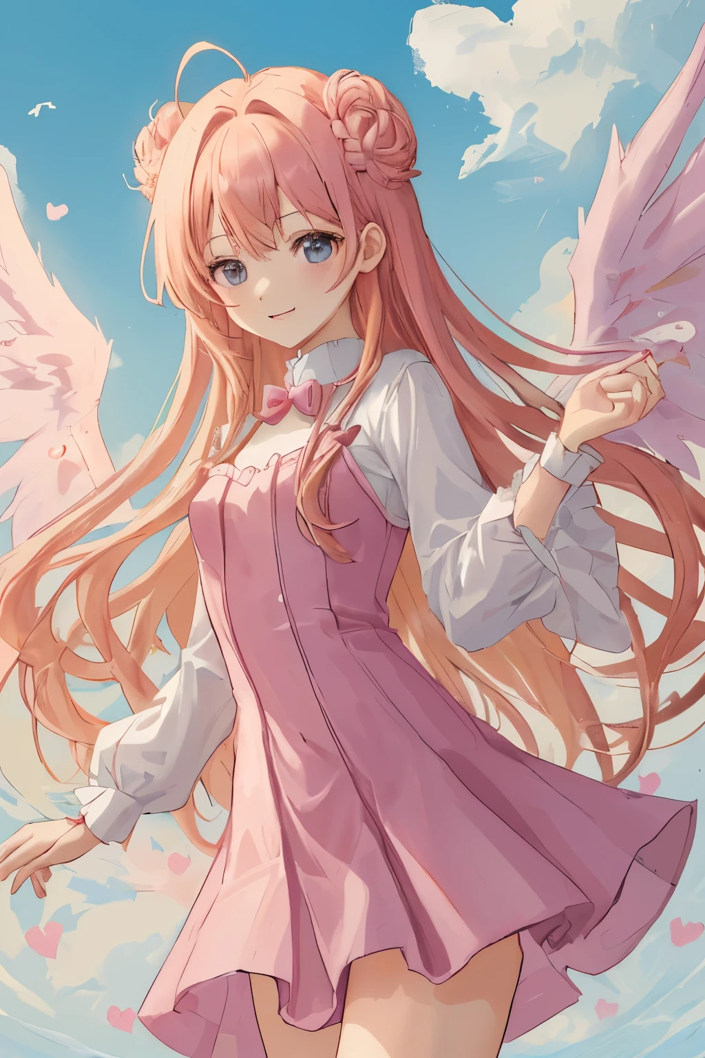 1_girl, (anime, kawai:2), (masterpeice, best_quality, simple, cute, dreamy, vibrant, clean:1.5), (cute, cute_smile, young:1.8), (delicate, beautiful, thin:1.5), (girlfriend, angel:1.6), (green_eyes, simple_eyes:1.5) (long_hair, blond_hair, wearing_pink_dress, pink_angel_wings, sexy_gloves:1.8), extremely_delicate, (love_magic:1.5), (age_size_fits_body), (small_thighs:1.3), (breasts), (eye_level:1.3), (heart_magic, love:1.5)