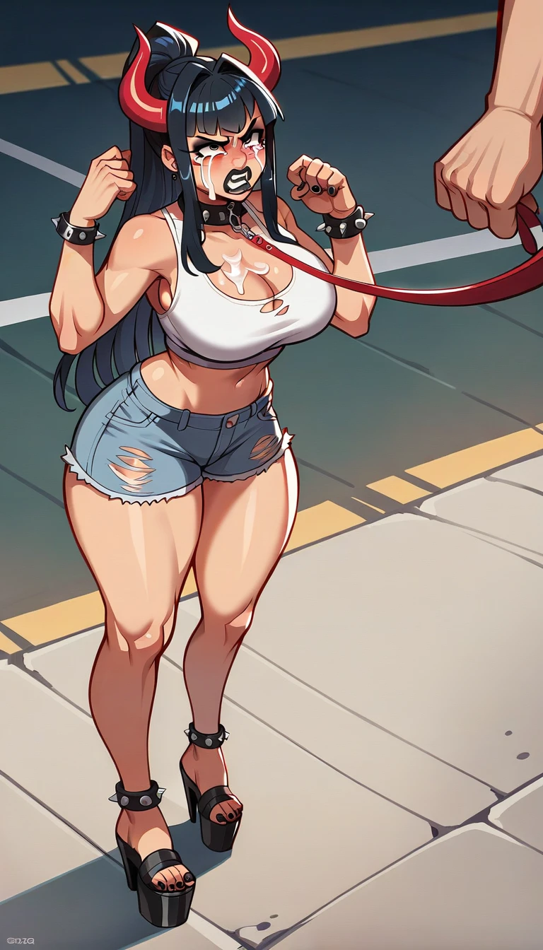 Yamato, tall open-toe platform heelless high heels, extra large breasts, white crop-top, short shorts, cleavage, black lipstick, black eyeliner, black nails, dirt road, countryside, angry, crying, spiked collar, spiked wrist bracelets, leash on collar, spiked ankle bracelets, standing, ripped clothes, blushing, extra cum on face, large thighs 