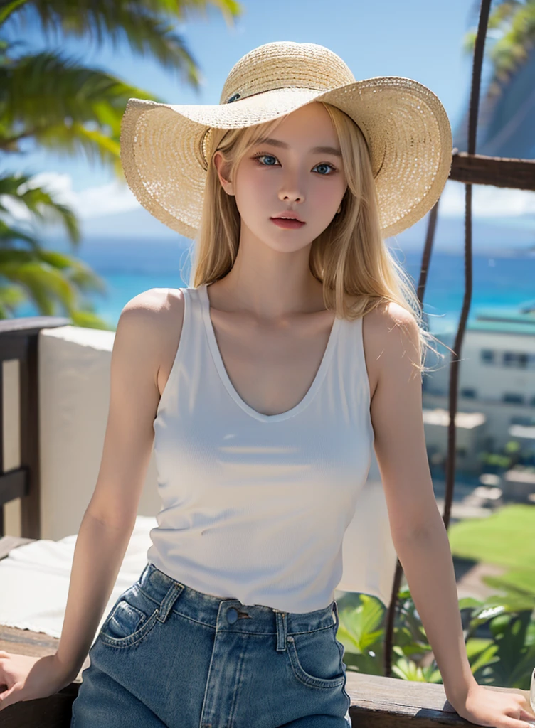 最high quality、Best image quality、masterpiece、With a girl((18-year-old、 White tank top、Black vest、Blue long pants、Best Bust、Bust 85、Blonde、semi-long、Cowboy hat、blue eyes、Open your chest wide、valley、happiness、Slender、Embarrassed face))high quality、Beautiful art、background((A city of Hawaii where the sunlight is beautiful))、Tabletop、Exquisite design、Visual Arts