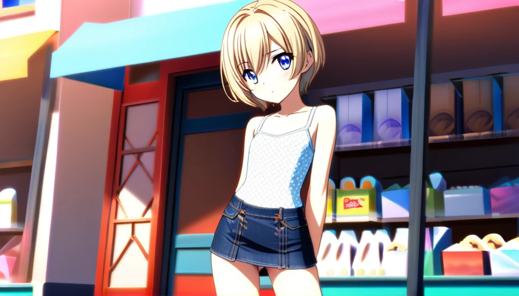 ((Anime Infinite Stratus Art, 8k, ultra full high definition, epic quality, epic texture)). the theme is exhibitionism.  The setting is a big shopping, Very detailed, it's summer, it's daytime, there are some shops, there are people passing by the scene.  The focus is a girl, her name is Sophia, , Brazilian, very short stature, very messy blonde hair(short:1.9) with bangs(long:1.5), ice blue eyes, wonderful face, she has white skin, skinny body, narrow chest, round boobies, thin waist, very narrow hips, big and perky butt, she's wearing a short skirt and a very short low-cut(1.5) flowery shirt, she is very shy and lewd, she loves to show off, she is walking in the setting. The atmosphere is lively.