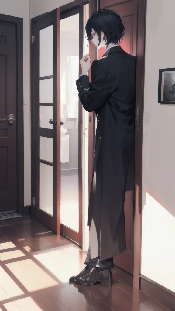 Black tone, there is a man standing outside the door, the door opens, back to the camera, low saturation, wearing a detective outfit, half turned back, a slight smile, unburned papers scattered on the floor, a small amount of burning smoke in the air, the sun shines through the door, outside the door there is only red color, the image is pristine, wearing a shirt, jacket on the right hand, left hand opens the door