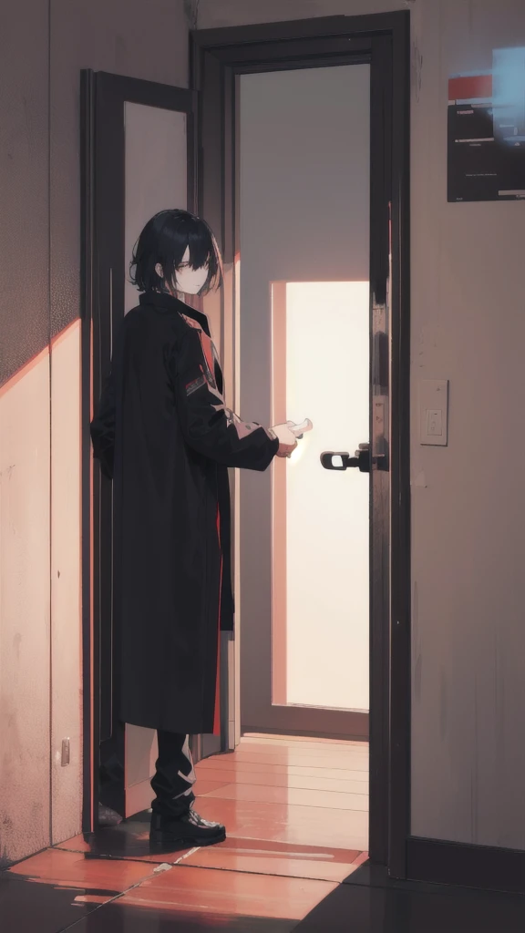 Black tone, there is a man standing outside the door, the door opens, back to the camera, low saturation, wearing a detective outfit, half turned back, a slight smile, unburned papers scattered on the floor, a small amount of burning smoke in the air, the sun shines through the door, outside the door there is only red color, the image is pristine, wearing a shirt, jacket on the right hand, left hand opens the door