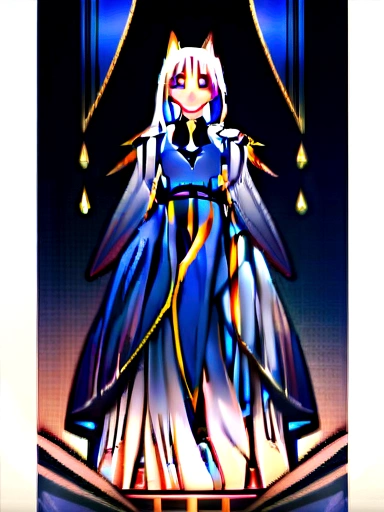 1girl, anime, white fox ears, long white hair, blue mixed with yellow eyes, 9 white tails, white hakama, blue belt, white socks, blue ties, white sandals, detailed facial features, intricate character design, vivid colors, soft lighting, fantasy, ethereal, elegant, masterpiece background shrine in the mountains the girl is grabbing two bells smiling with 2 blue flames flying next to each arm (sfw)
