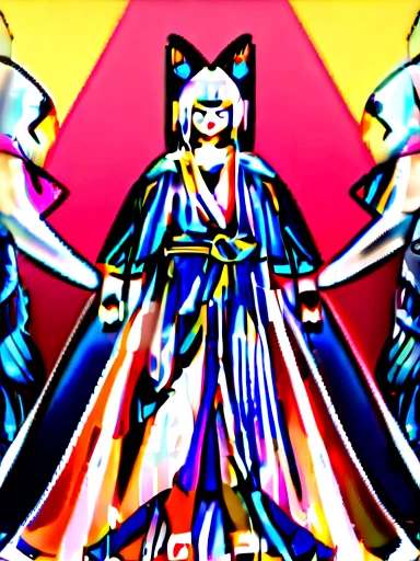 1girl, anime, white fox ears, long white hair, blue mixed with yellow eyes, 9 white tails, white hakama, blue belt, white socks, blue ties, white sandals, detailed facial features, intricate character design, vivid colors, soft lighting, fantasy, ethereal, elegant, masterpiece background shrine in the mountains the girl is grabbing two bells smiling with 2 blue flames flying next to each arm (sfw)