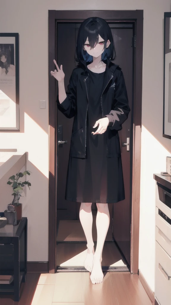 Black tone, there is a man standing outside the door, the door opens, back to the camera, low saturation, wearing a detective outfit, half turned back, a slight smile, unburned papers scattered on the floor, a small amount of burning smoke in the air, the sun shines through the door, outside the door there is only red color, the image is pristine, wearing a shirt, jacket on the right hand, left hand opens the door