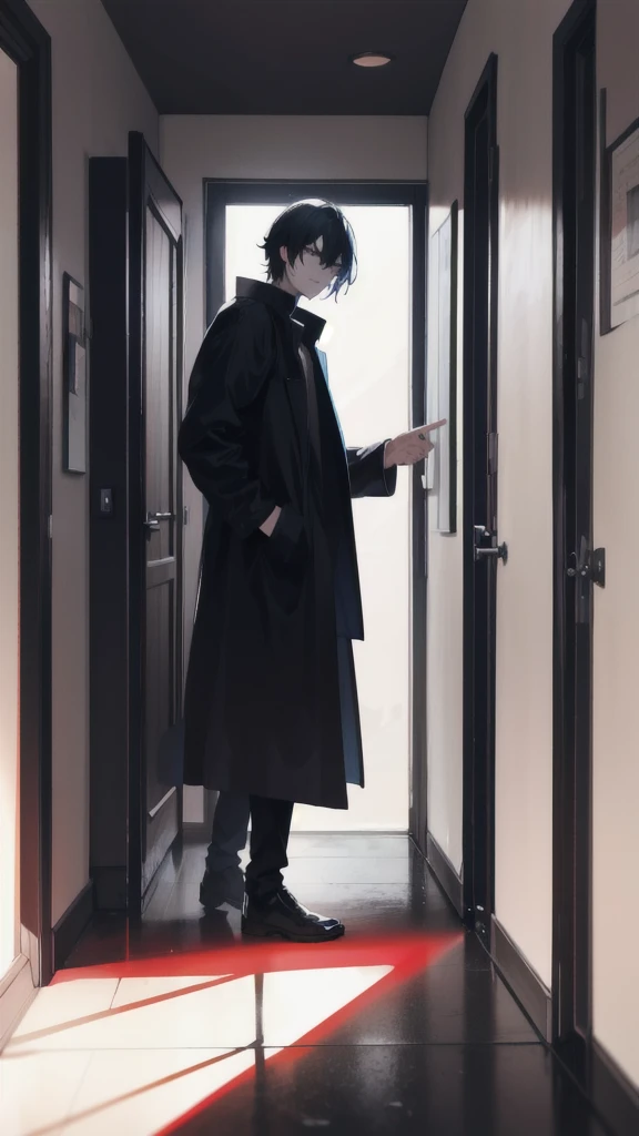 Black tone, there is a man standing outside the door, the door opens, back to the camera, low saturation, wearing a detective outfit, half turned back, a slight smile, unburned papers scattered on the floor, a small amount of burning smoke in the air, the sun shines through the door, outside the door there is only red color, the image is pristine, wearing a shirt, jacket on the right hand, left hand opens the door