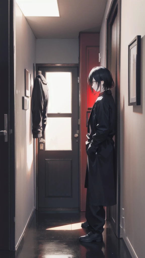 Black tone, there is a man standing outside the door, the door opens, back to the camera, low saturation, wearing a detective outfit, half turned back, a slight smile, unburned papers scattered on the floor, a small amount of burning smoke in the air, the sun shines through the door, outside the door there is only red color, the image is pristine, wearing a shirt, jacket on the right hand, left hand opens the door