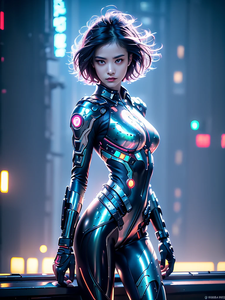 top-quality, tmasterpiece, super A high resolution, (Photorealsitic:1.4), RAW photo, Battle Robot Angel, Large wing made of metal, White porcelain body, Acrylic transparent cover, whaite hair, glowy skin, 1 Cyborg Girl, (( Super realistic details)),porate,globalillumination,black shadows,octan render,8K,ultrasharp,Character edge light,Colossal tits,Raw skin is exposed in cleavage,Details of complex ornaments,Details of the Twin Zeta Gundam,Hydraulic cylinder,small led lights, highly intricate detail, Realistic light, a purple eye, Radiant eyes, Facing the camera, neon light detail, cow boy shot, Futuristic headgear, Floor plan about the "cyber punk perssonage", full length photo, epic pose