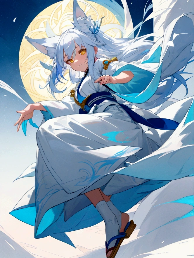 1girl, anime, white fox ears, long white hair, blue mixed with yellow eyes, 9 white tails, white hakama, blue belt, white socks, blue ties, white sandals, detailed facial features, intricate character design, vivid colors, soft lighting, fantasy, ethereal, elegant, masterpiece background shrine in the mountains the girl is grabbing two bells smiling with 2 blue flames flying next to each arm 