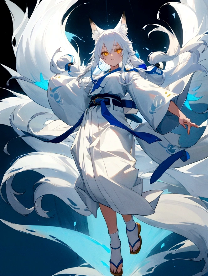 1girl, anime, white fox ears, long white hair, blue mixed with yellow eyes, 9 white tails, white hakama, blue belt, white socks, blue ties, white sandals, detailed facial features, intricate character design, vivid colors, soft lighting, fantasy, ethereal, elegant, masterpiece background shrine in the mountains the girl is grabbing two bells smiling with 2 blue flames flying next to each arm 
