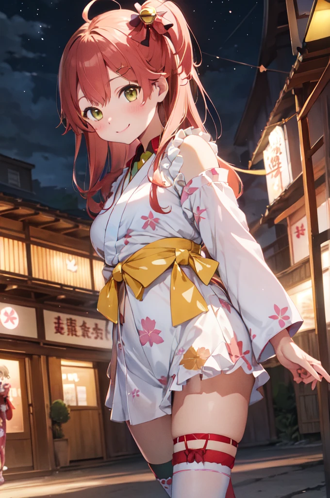 masterpiece, best quality, absurdres, perfect antomy, 1girl, SMJupiter, green eyes, ponytail, aurora, back, bare back, bare shoulders, bow, constellation, crescent moon, (facing away:1.3), fireworks, from behind, hair ornament, japanese clothes, kimono, light particles, off shoulder, long sleeves