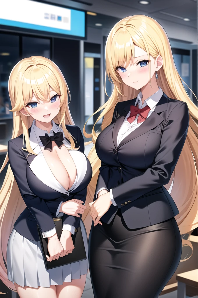 cleavage+Business suit、Long blonde、milf、Background School