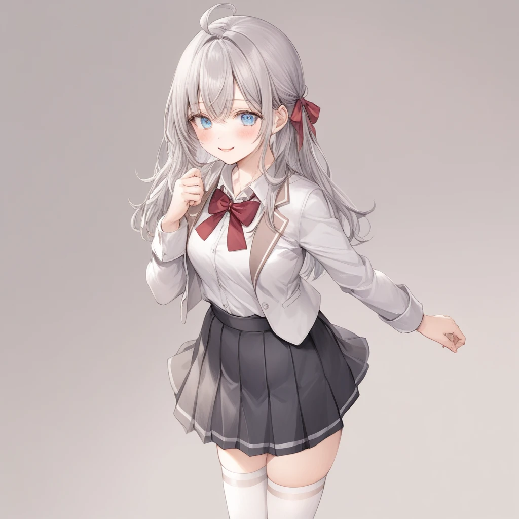 ((best quality, high resolution)), (delicate illustration), (pastelcolor:0.6), (watercolor:0.3), ((beautiful:1.3)), 4k,
1 girl, tareme, cute, (happy), long hair, blue eyes, grey hair, hair between eyes, bangs, ahoge, , open jacket, collared shirt, red bow, long sleeves, pleated skirt, hair ribbon, red bowtie, white shirt, beige blazer, ((White thighhighs:1.5)),zettai ryouiki, (lift skirt), (()), (((Well designed White Lace panties))), Long Hair with Feathered Ends, (cowboy shot),