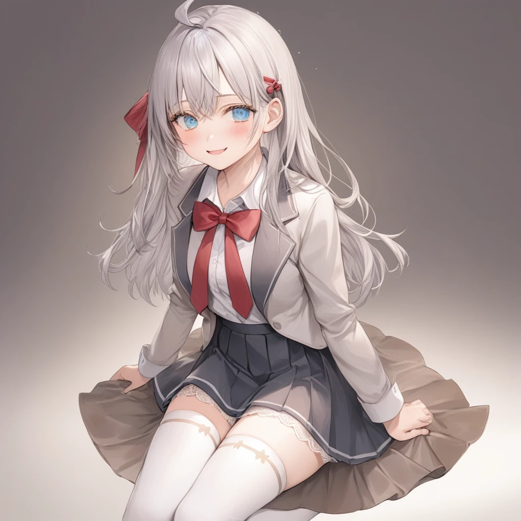 ((best quality, high resolution)), (delicate illustration), (pastelcolor:0.6), (watercolor:0.3), ((beautiful:1.3)), 4k,
1 girl, tareme, cute, (happy), long hair, blue eyes, grey hair, hair between eyes, bangs, ahoge, , open jacket, collared shirt, red bow, long sleeves, pleated skirt, hair ribbon, red bowtie, white shirt, beige blazer, ((White thighhighs:1.5)),zettai ryouiki, (lift skirt), (()), (((Well designed White Lace panties))), Long Hair with Feathered Ends, (cowboy shot),