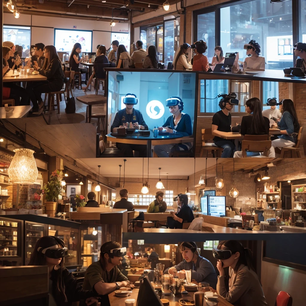 Draw an illustration of avatars of people in a cafe seen through VR goggles.