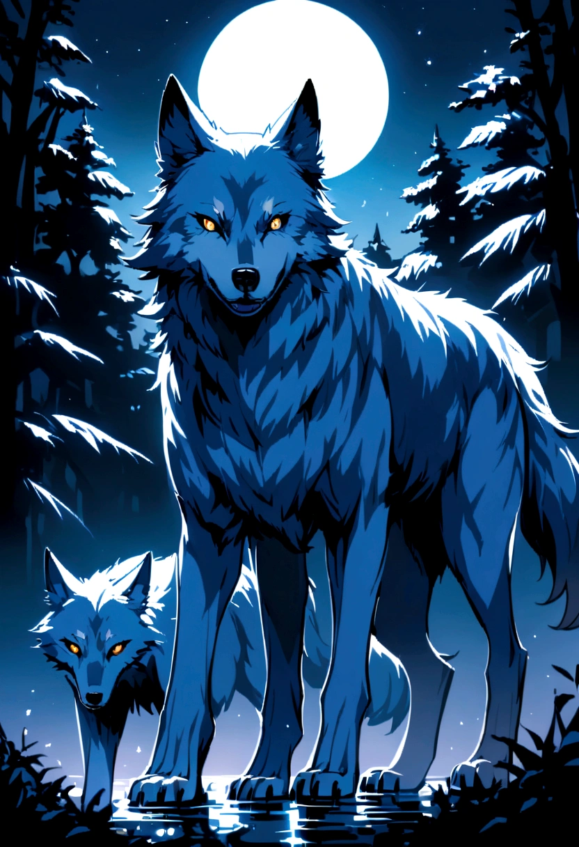 a wolf, adult, female, in the moonlight