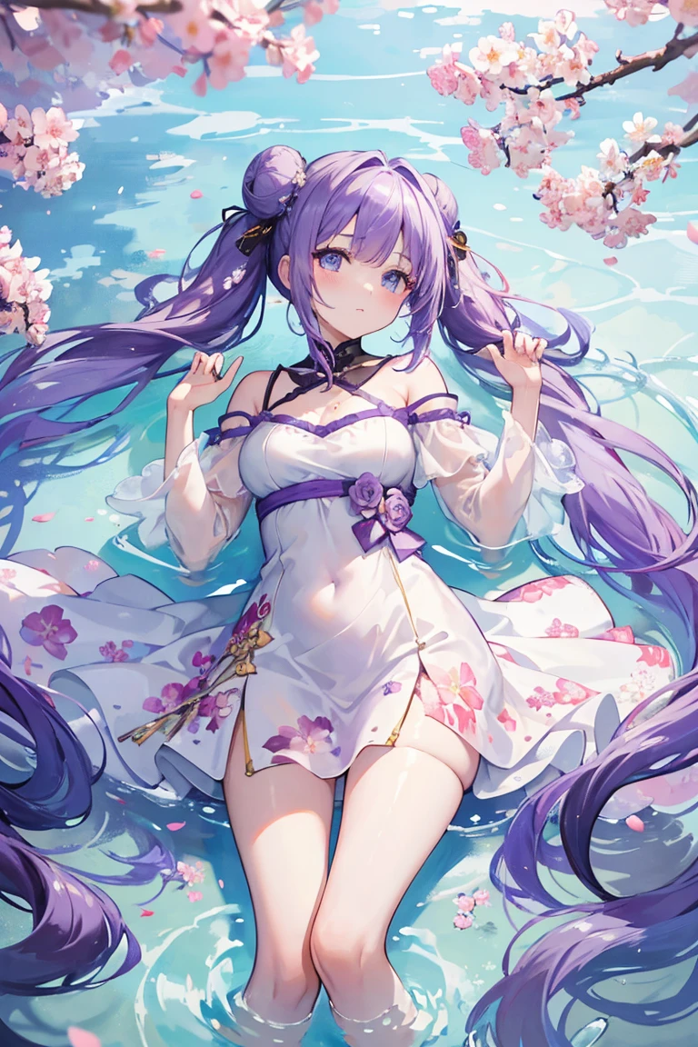 (masterpiece:1.2),best quality,highres,extremely detailed CG,perfect lighting,8k wallpaper,Illustration,sunlight,ray tracing,
rock,cherry blossoms,sakura,hair bun,bare shoulders,off shoulder,(Floral dress:1.2),
keqing_(genshin_impact),(twintails:1.3),
1girl,white skin,shiny skin,model,slender,glamor,(purple hair:1.4),very long hair,blue eyes, tall,floating hair,full body,hand,
,close-up view,lying on the water surface,hrqn,tui,aerial,light_blush,(lying:1.2),Bird's-eye view,