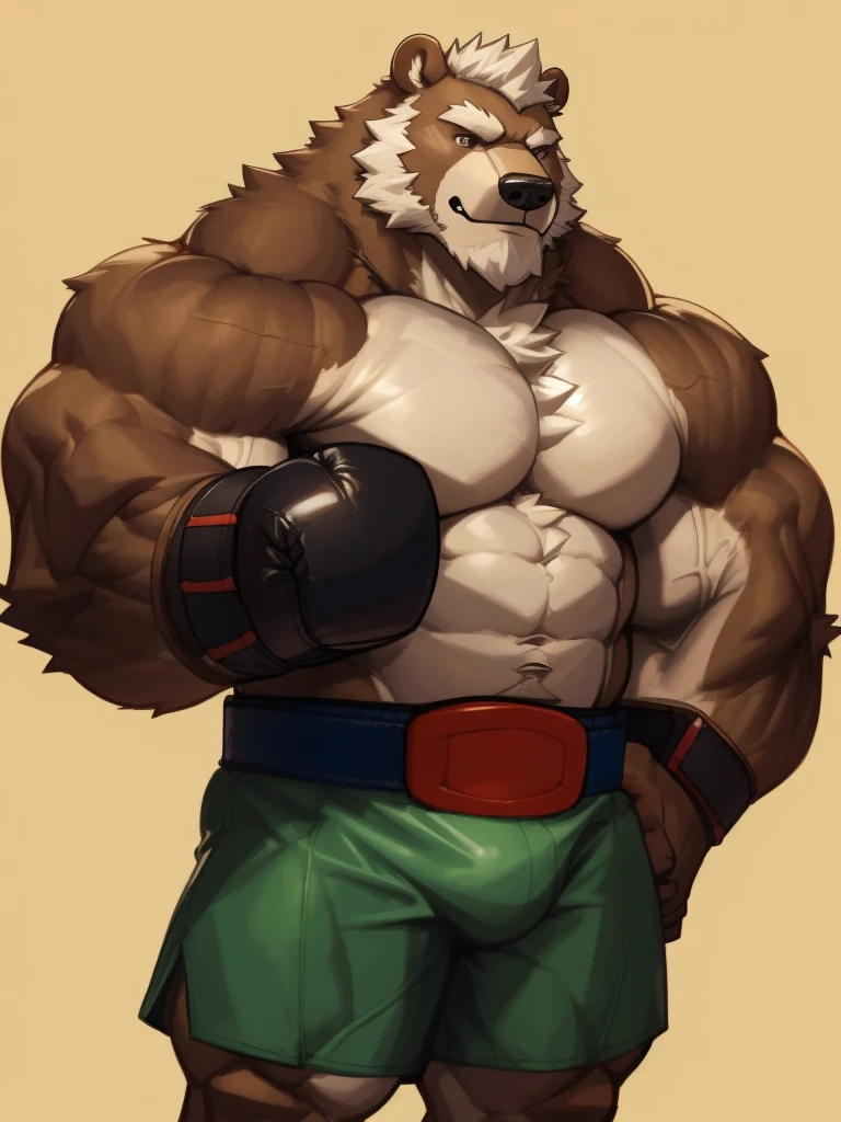 solo, 1boy, Huge Muscular Old Grizzly Bear wearing boxing belt , pectoral, thick arms, brown fur, huge pectoral, wide pectoral, short white hair, short pants and shirtless, bearded, simple background, masterpiece, semirealistic:1.2, high detailed, 8k, high resolution