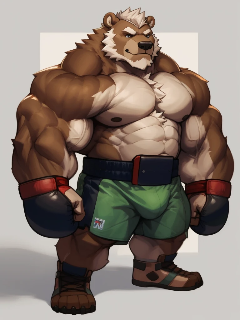 solo, 1boy, Huge Muscular Old Grizzly Bear wearing boxing belt , pectoral, thick arms, brown fur, huge pectoral, wide pectoral, short white hair, short pants and shirtless, bearded, simple background, masterpiece, semirealistic:1.2, high detailed, 8k, high resolution