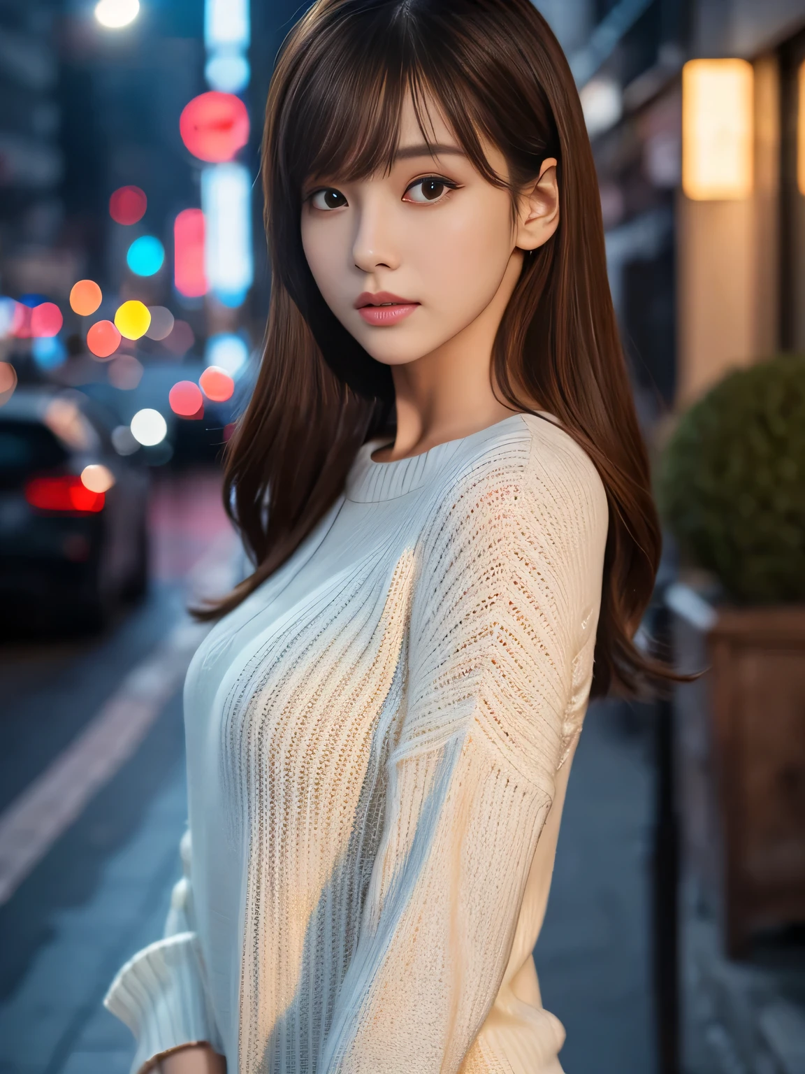 ​masterpiece, 1 beautiful girl, detailed eye, Puffy eyes, top-quality, high resolution, (Realisticity: 1.4), cinematlic lighting, Asian Beauty, Korea idol, Super beauty, Beautiful skin, slender, (A hyper-realistic), (hight resolution), (8K), (ighly detailed), (beautifully detailed eyes), (ultra-detailliert), (wall), detailed face, Bright lighting, profetional lighting, looking at viewert, Facing straight ahead, Black knitwear, oblique bangs, nighttime scene, Brown hair, age19, tall,