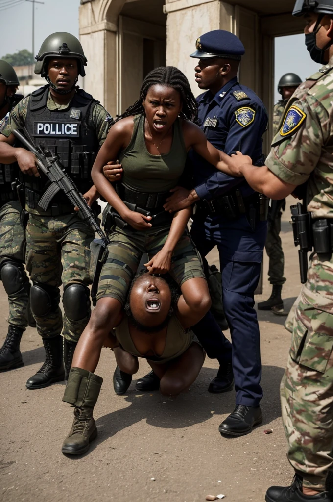 ((Masterpiece, 8k, hyper-realism, highest quality) image of Kapend, the ADC to the late President Laurent-Désiré Kabila, being arrested outside the Marble Palace.
Foreground:
Show Kapend in military combat attire, being forcefully detained by a group of armed soldiers in front of the grand facade of the Marble Palace.
Kapend’s expression should reflect a mix of defiance and resignation, with soldiers in full combat gear holding him by his arms and one soldier pointing a rifle.
The environment should include dust and debris around the arrest site, contrasting with the palace’s opulent background.
Background:
Display scenes of civilians being arrested by police across various parts of Kinshasa.
Police officers in uniform should be using force to detain groups of civilians, with some being handcuffed or pushed into police vehicles.
Show men and women of various ages, with expressions of fear, confusion, and despair, some being taken away by force, others watching in distress or trying to flee.
Include buildings, streets, and landmarks of Kinshasa, portraying a city in turmoil, with banners, signs, or graffiti indicating protests or public dissent.
Details and Emphasis:
Focus on the emotions of Eddy Kapend and the civilians, capturing their reactions to the arrests.
Show the difference in Kapend’s military uniform and the civilians' varied, everyday clothing.
Use dramatic lighting to enhance the tension and urgency, with shadows and light drawing attention to key actions and expressions.
Mood and Tone:
Convey a sense of immediate crisis, with the atmosphere thick with the stress of the arrests.
Emphasize the chaotic nature of the mass arrests against the structured, albeit tense, arrest of Kapend.
The scene should feel overwhelming and charged with emotion, capturing the turmoil of the period.
Stylistic Elements: