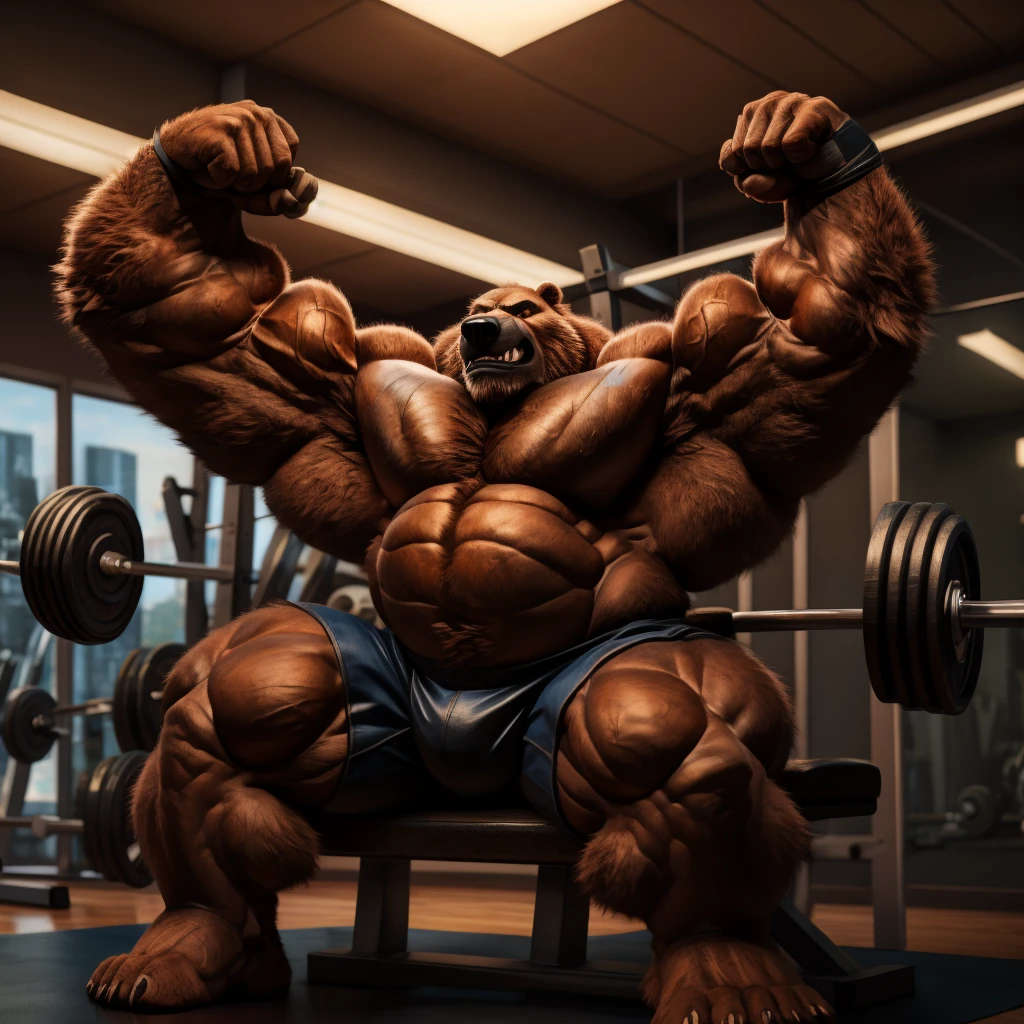 (best quality, 4k, highres, masterpiece:1.2), 1bear, 1boy, ultra-detailed, fury, furry art (realistic, photorealistic, photo-realistic:1.37), massive muscular, huge muscular, chubby Grizzly bear, working out, incline bench press, workout in the gym, pumping his huge pectoral muscles, straining, sweating, black shorts and black wristbands, lifting heaviest weight, barbells, gym equipments, brown hair, thick brown fur, super thick arms, super big pectoral, super wide hairy pectoral, topless, shirtless, eyebrows, impressive brown beard, strong jawline, kind eyes, strong arms, proud posture, well-built physique, professional lighting and backdrop, intense shadows, vibrant colors, dramatic composition, gritty texture, vintage aesthetic, dynamic perspective. Add textures and details to make the image more realistic, such as the appearance of the body built muscles texture and the appearance of the brown fur, pumping up Bench Press 500lbs raw paused x2 405x10 paused of swollen muscles, Arnold Schwarzenegger pose