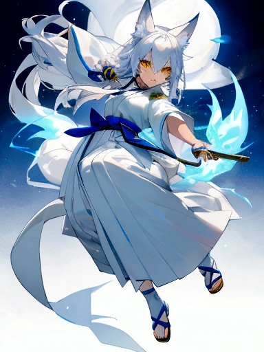 1girl, anime, white fox ears, long white hair, blue mixed with yellow eyes, 9 white tails, white hakama, blue belt, white socks, blue ties, white sandals, detailed facial features, intricate character design, vivid colors, soft lighting, fantasy, ethereal, elegant, masterpiece background shrine in the mountains the girl is grabbing two bells smiling with 2 blue flames flying next to each arm