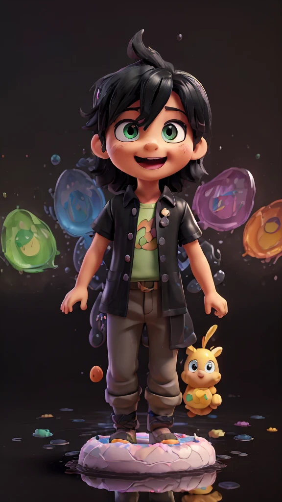 A lush 3D representation of (child Jesus) with an hourglass, large clock, (((majestic pose))), (((piercing gaze))) beaming with joy, his expressive eyes shining with joy as he laughs with his mouth open . black background with a large puddle of multicolored paint, the characters have charming features that captivate the viewer with their ethereal beauty, the background has colorful splash effects, (((puddle of multicolored paint on a black background surrounding the character) )), A Digital painting brings this stunning anime-style scene to life, complete with vibrant, exaggerated details. The black background glows with a pool of paint behind the 3D characters. Created with Unreal Engine, Octane Engine and Vray, disney, cartoon network, with a style inspired by Pixar.
