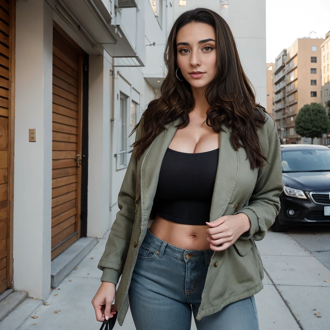 Extremely busty thin and toned brunette photographer, college girl, fair skin, loose ponytail, soft face, athletic, bandana babushka headwrap, tight olive green casual windbreaker, skinny jeans. standing in front of her apartment building, outdoors, city, camera bag, cleavage