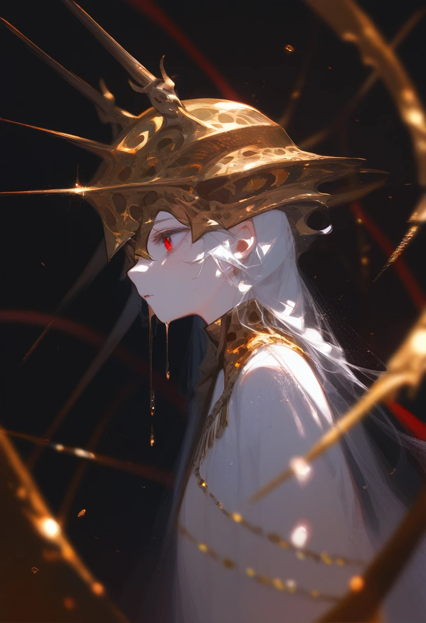 Glassy, empty red eyes, dripping gold, demon, written:rios on the side