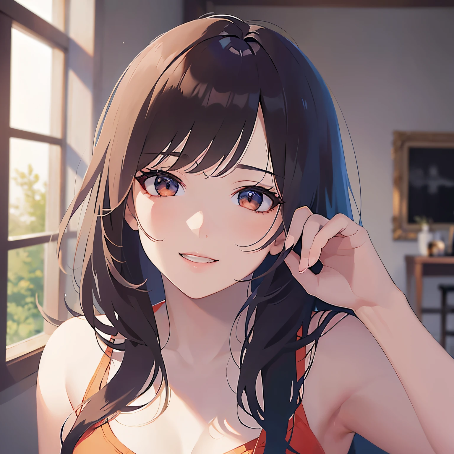 lookin at viewer,Upper Body, hand over own mouth, Realistic, real person, (pale skin: 1.2), RAW photo, photorealistic, shiny skin, shiny hair、 (A 25-year-old woman with medium-length hair and bangs) and (wavy hair) and (brown hair) and (Orange Eyes) ,smile,Winking、 Tank top,The background is the living room at night