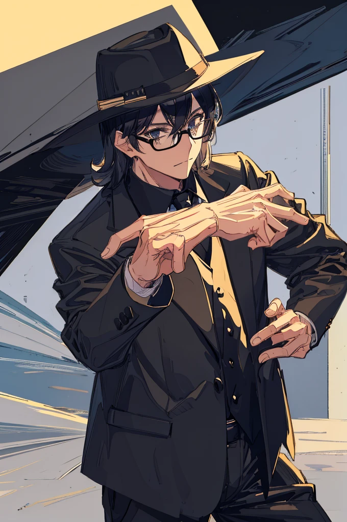 man, black shorts hair, eyes gray, glasses, black Fedora hat, black suit, black pants, pocket clock, strong