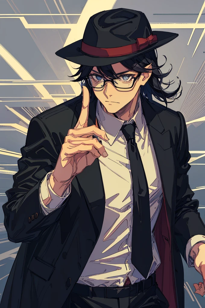 man, black shorts hair, eyes gray, glasses, black Fedora hat, black suit, black pants, pocket clock, strong