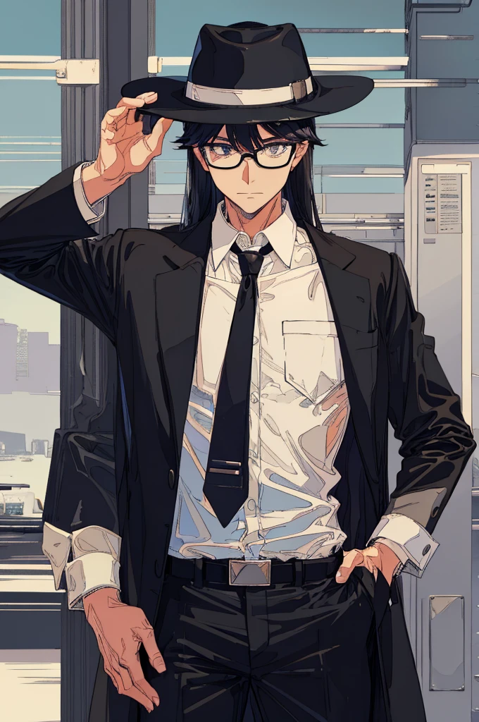 man, black shorts hair, eyes gray, glasses, black Fedora hat, black suit, black pants, pocket clock, strong