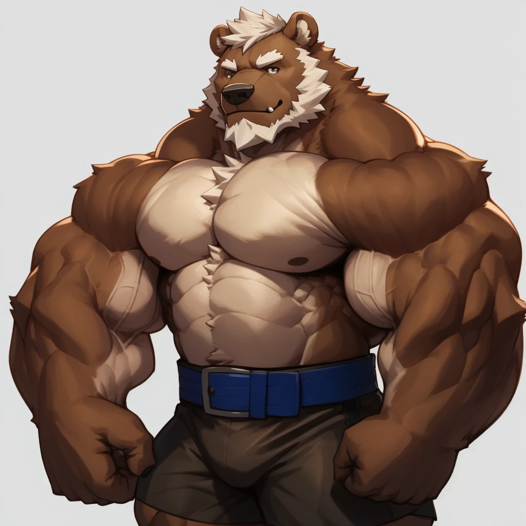 solo, 1boy, Huge Muscular Old Grizzly Bear wearing boxing belt , pectoral, thick arms, brown fur, huge pectoral, wide pectoral, short white hair, short pants and shirtless, bearded, simple background, masterpiece, semirealistic:1.2, high detailed, 8k, high resolution