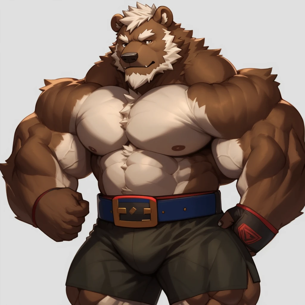 solo, 1boy, Huge Muscular Old Grizzly Bear wearing boxing belt , pectoral, thick arms, brown fur, huge pectoral, wide pectoral, short white hair, short pants and shirtless, bearded, simple background, masterpiece, semirealistic:1.2, high detailed, 8k, high resolution