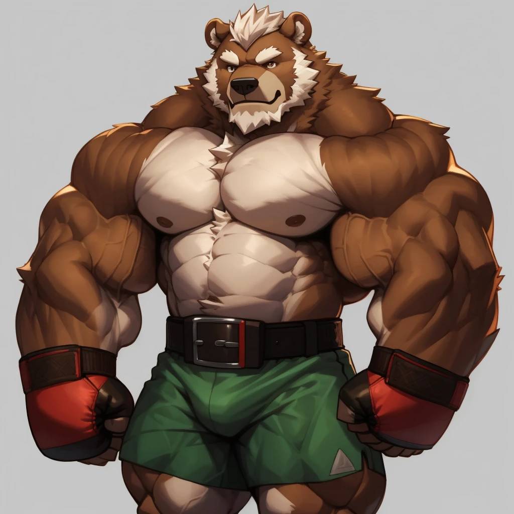 solo, 1boy, Huge Muscular Old Grizzly Bear wearing boxing belt , pectoral, thick arms, brown fur, huge pectoral, wide pectoral, short white hair, short pants and shirtless, bearded, simple background, masterpiece, semirealistic:1.2, high detailed, 8k, high resolution