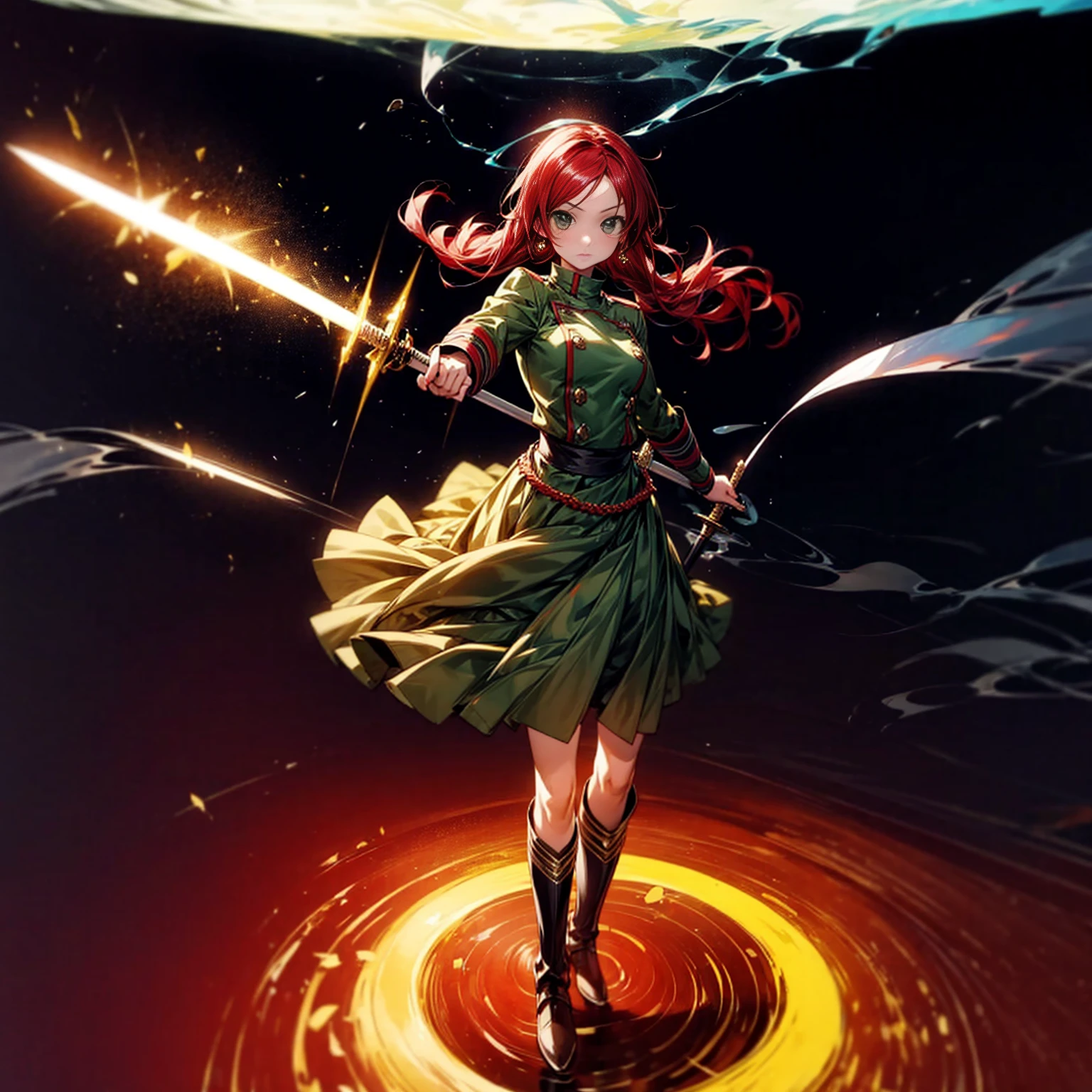 1girl, Full body version, 1character, character is girl, green eyes color, long hairstyle, red colour hair, soldier style clothing, Long skirt, long socks, long boots, red earrings, two gold sword in two hand, full armors in body, full background, Grassroots, background in town, motion blur, shadow, standing gesture, sword emits a black aura, smoke, blue fire, lighting sword, lighting hologram, satan, lighting blue fire