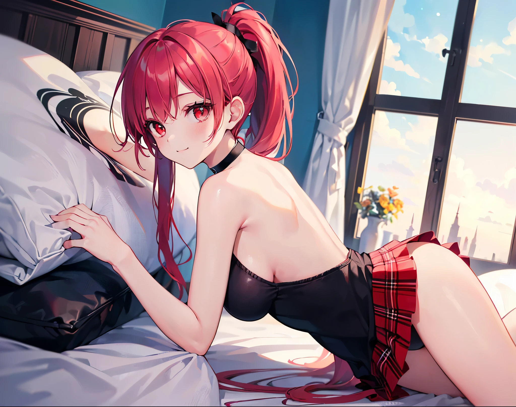 (Close-up:1.3),Realistic,Highest quality, Ultra Detail, High-quality CG rendering, The most delicate and beautiful, Floating softly, High resolution, (1 girl), (Highest quality,4K,8K,masterpiece:1.2),(All red hair:1.5 (ponytail:1.5),(Red eyes:1.5),(Slightly larger breasts:1.2),(Pitch black choker:1.3),Completely naked,Small room,bed,(bedにうつ伏せで寝ている:1.3),smile,(Turn your back to your audience:1.3),Butt
