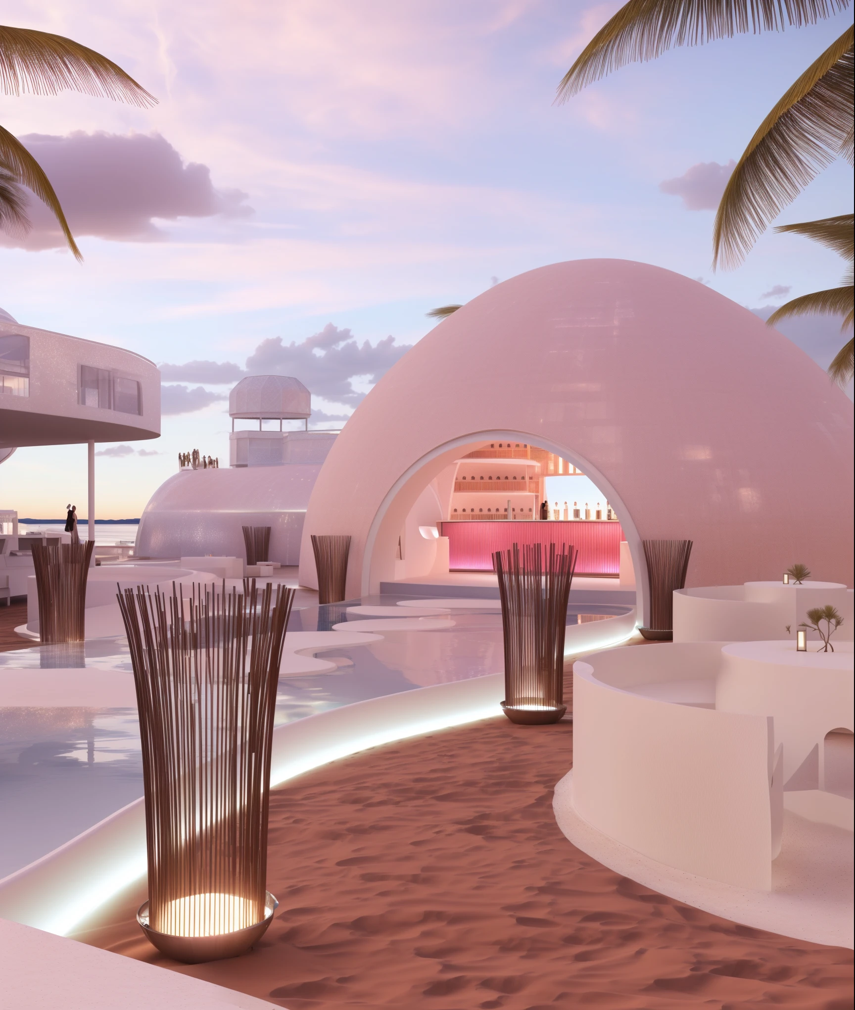 （masterpiece, best quality, high quality, Extremely detailed CG Unity 8K wallpaper, Realistic photos, Depth of Field）, There is a white building，There is a swimming pool and a bar in the middle, beach bar, Ibiza dance inspiration, futuristic marrakech, In a futuristic desert palace, seashell house, Futuristic Dome, a Digital Renderinging, In the seaside environment, futuristic marrakech morocco, Detailed scenario, V-Ray, V-Ray, Digital Renderinging, Digital Rendering, Futuristic Background