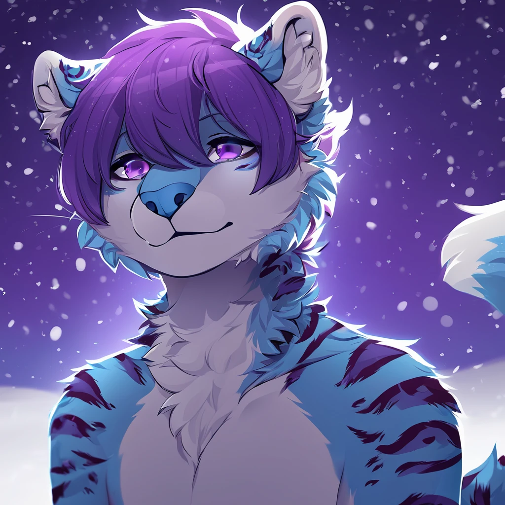adult, feline, mammal, anthro, anthropomorphic, snow, leopard, striped_feline, fur, furred_anthro, fluffy_tail, femboy, male, bangs, ear_tufts, blue_nose, blue_fingers, hair_tuft, hair_between_eyes, long_tail, fluffy, feline_ears, expressive_eyes, purple_hair, purple_galaxy, purple_galaxy_background, light, looking_at_viewe, blue_fur, shy, small_pupils, spotted_pattern, stripes, tail, tiger_stripes, digital_art, high_resolution, high_res, head_visible, neck_visible, profile_picture, seductive_face