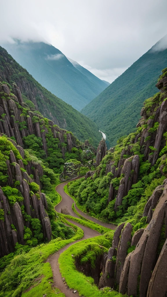 "A bird's-eye view of a mountain ridge with a line of massive, 50-meter-tall grotesque statues resembling skeletons, each covered in moss and vines. These towering statues are lined up along the mountain peaks, following the natural curve of the terrain. The statues have eerie, hollow eyes and decayed features, creating a haunting and unsettling atmosphere. The scene is set on a misty mountain top, with lush, green foliage covering the mountainside. The perspective emphasizes the enormous height of the statues and their endless line stretching along the ridge, blending seamlessly into the rugged landscape and evoking a sense of awe and fear. The image should be highly detailed, with realistic textures and lighting, capturing the depth and intricacies of the statues and the surrounding natural environment in 4K quality."