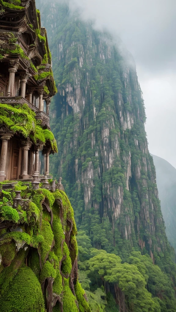 "A bird's-eye view of a mountain ridge with a line of massive, 50-meter-tall grotesque statues resembling skeletons, each covered in moss and vines. These towering statues are lined up along the mountain peaks, following the natural curve of the terrain. The statues have eerie, hollow eyes and decayed features, creating a haunting and unsettling atmosphere. The scene is set on a misty mountain top, with lush, green foliage covering the mountainside. The perspective emphasizes the enormous height of the statues and their endless line stretching along the ridge, blending seamlessly into the rugged landscape and evoking a sense of awe and fear. The image should be highly detailed, with realistic textures and lighting, capturing the depth and intricacies of the statues and the surrounding natural environment in 4K quality."
